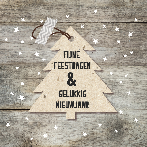 Originele kerstkaart met hout en kerstboom label