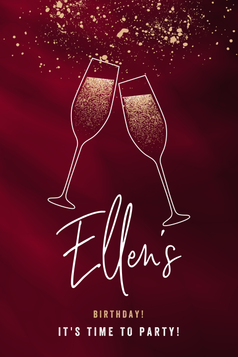 Verjaardagsuitnodiging met champagne glazen op donkerrood
