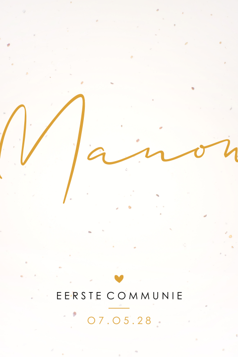 Communiekaart met sierlijke letters en klein hartje