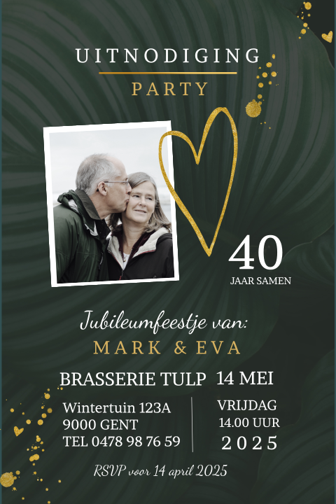 Hippe uitnodiging 40 jaar getrouwd met foto en goudlook op donkergroen