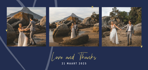 Panorama bedankkaart in blauw met hart en drie foto's