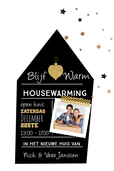 Moderne verhuis/kerstkaart met huisje en sterretjes