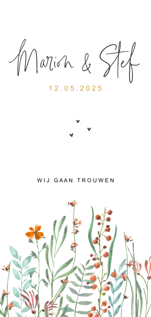 Langwerpige trouwkaart met veldbloemen