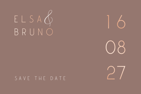 Chique save the date kaart met rosegoudfolie