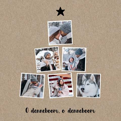 Originele kerstkaart in kraft-look met kerstboom van foto's