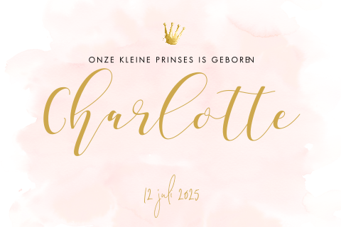 Romantisch geboortekaartje voor meisje met roze aquarel en kroontje
