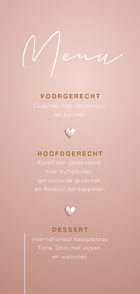 Moderne menukaart met hartjes in relief op oudroze