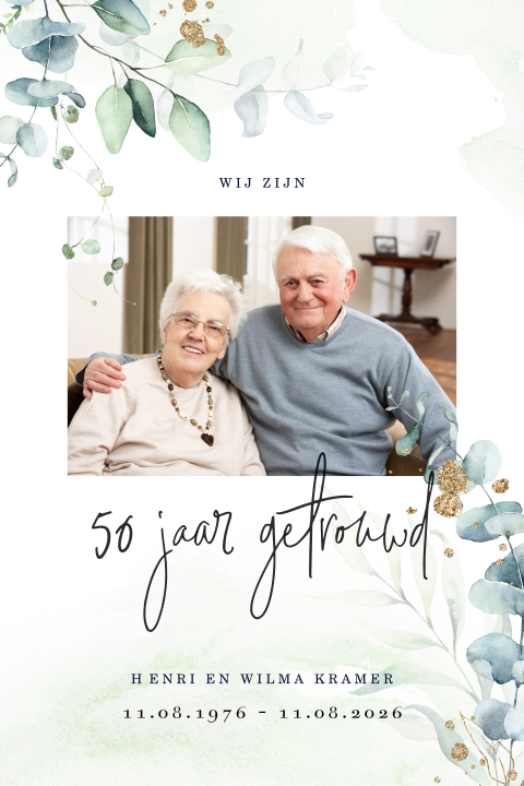 Uitnodiging 50-jarig huwelijksjubileum met foto en watercolour takjes