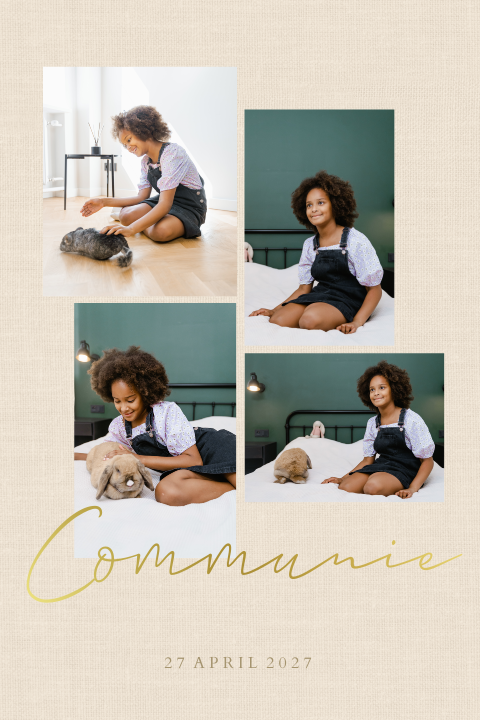 Communiekaart met foto's op beige linnenlook achtergrond