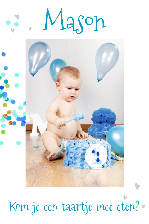 Vrolijk kaartje kinderfeestje jongen met confetti