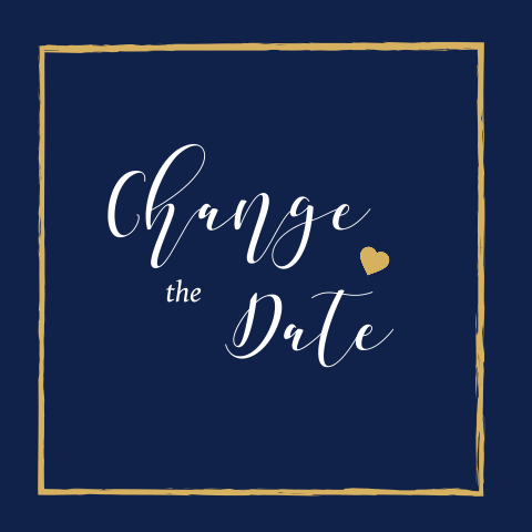 Stijlvolle change the date kaart met gouden hartje op donkerblauw