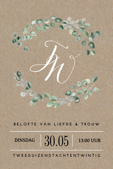 Trouwkaart in kraftpapier met eucalyptus takjes