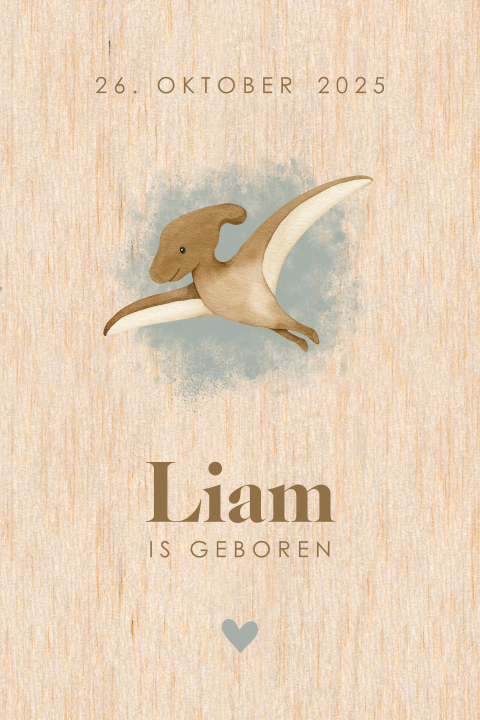 Geboortekaartje van echt hout met schattige dino
