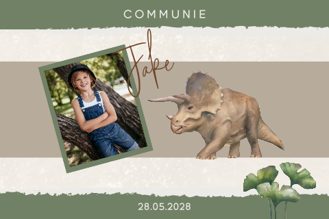 Communiekaart met foto en brachiosaurus op groene en beige achtergrond