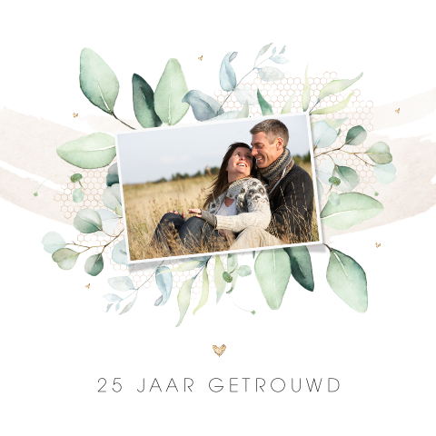 25 jaar getrouwd uitnodiging met eucalyptus takjes en foto