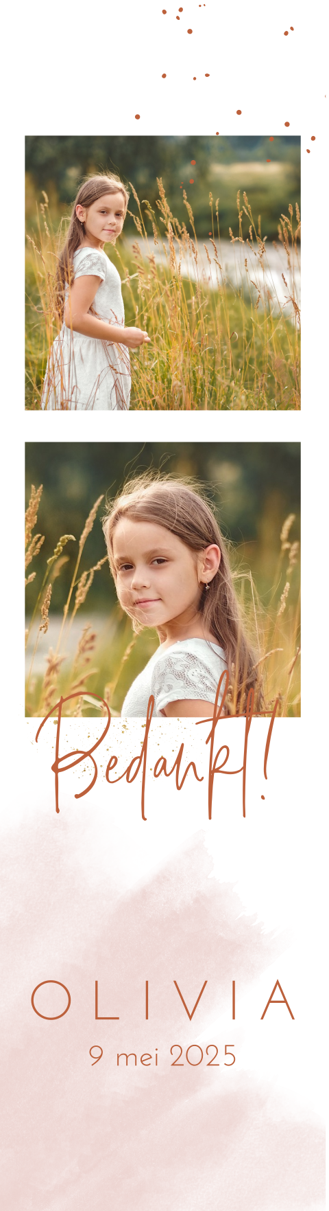 Boekenlegger met foto's en roze watercolor als bedankkaart - Set van 4