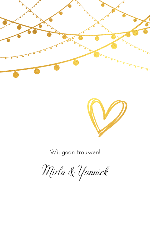 Trouwkaart met feestelijke goudkleurige slingers