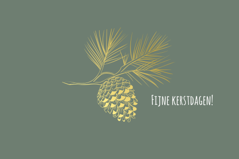 Hippe kerstkaart met goudfolie dennenappel op olijfgroen