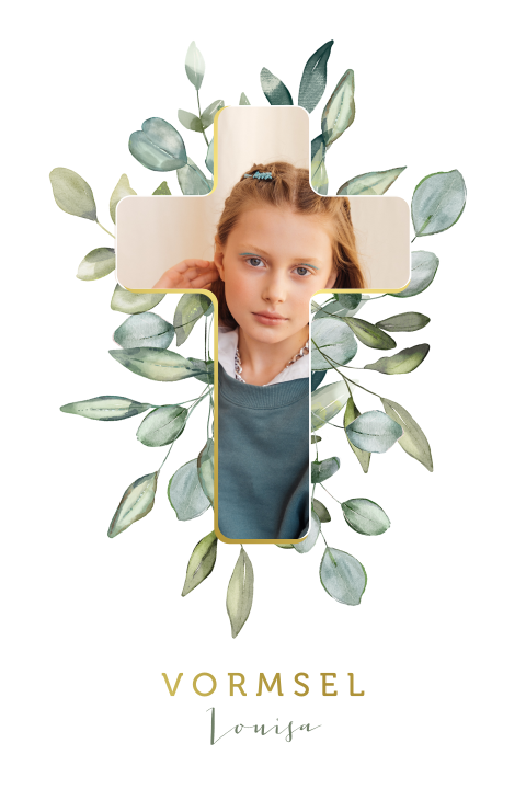 Uitnodiging vormsel met foto in kruisvorm en eucalyptustakjes