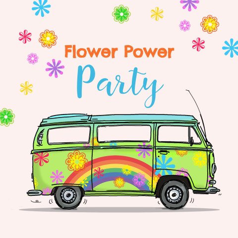 Vrolijke uitnodiging met bloemen voor Flower Power feest