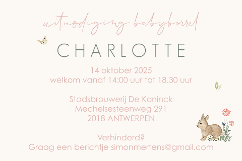 Romantische babyborrel uitnodiging met konijntje en bloementjes