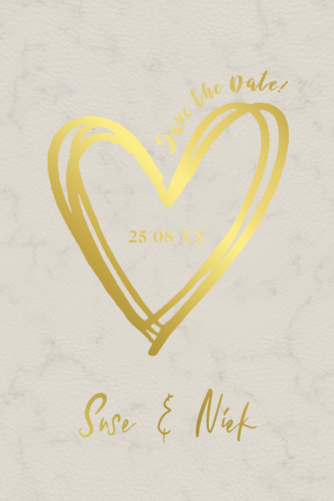 Stijlvolle save the date kaart met goudfolie hart en marmer effect