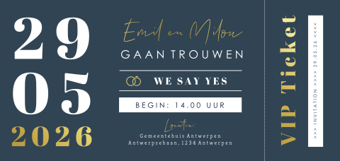 Chique huwelijksuitnodiging in blauw en goud, VIP Ticket