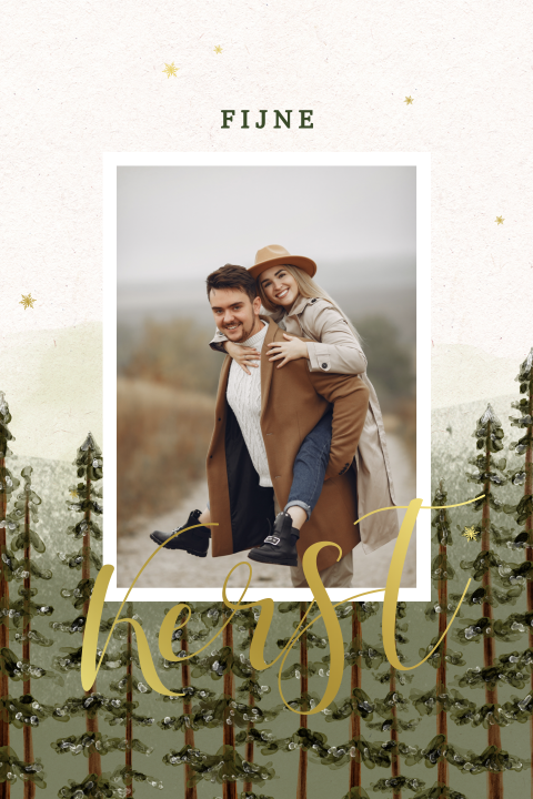 Kerstkaart met foto, bomen en details van goudfolie