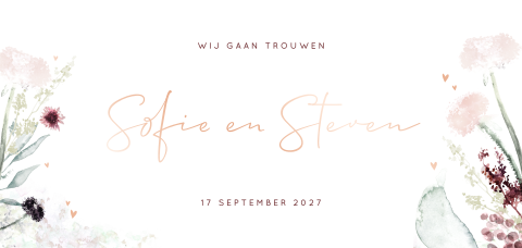 Trouwkaart met watercolour bloemen en roségoudfolie