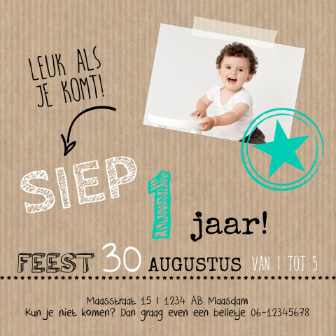 Trendy kaartje kinderfeestje jongen 1 jaar van kraft