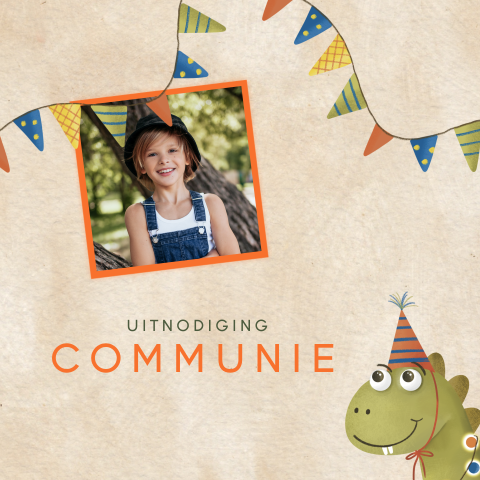 Vrolijke uitnodiging communie met kleurrijke dino en slingers