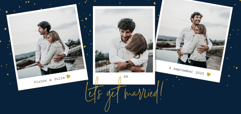 Hippe uitnodiging huwelijk met polaroid foto's op donkerblauw