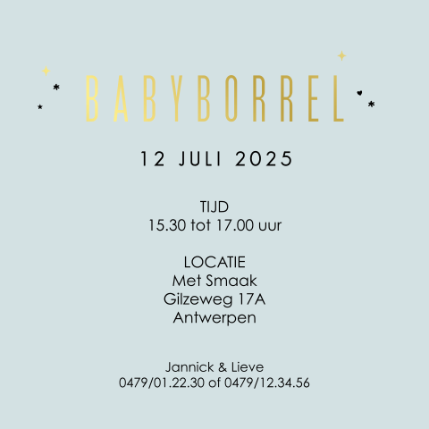 Babyborrel uitnodiging met goudfolie en sterretjes