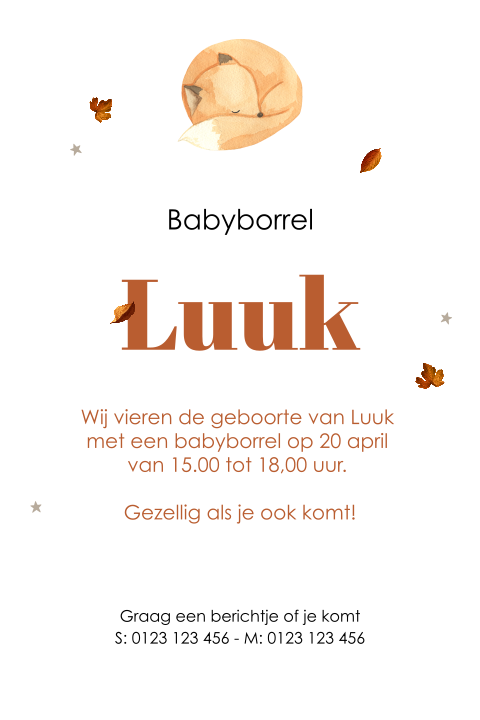 Babyborrelkaartje met slapend vosje en blaadjes