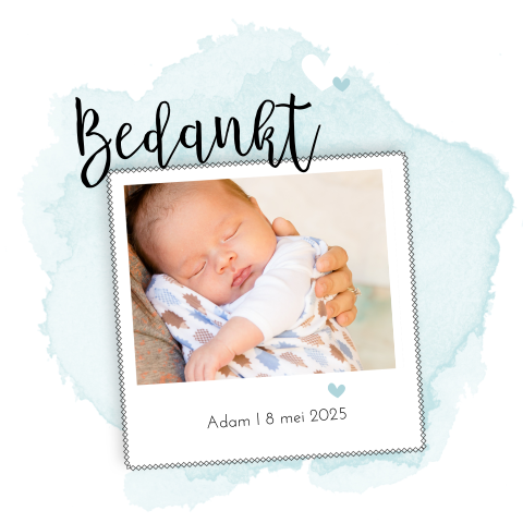 Bedankkaart met polaroid op blauwe watercolor