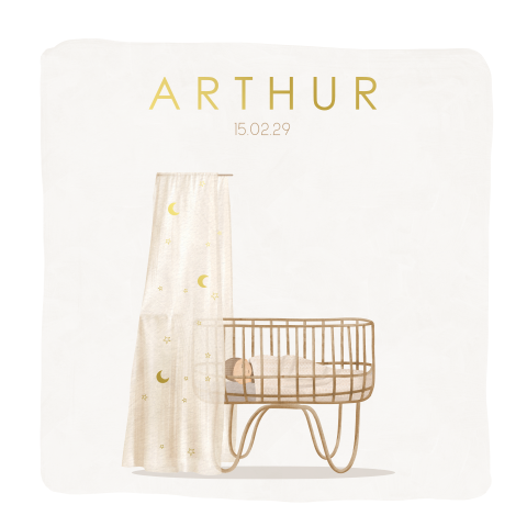 Geboortekaart voor jongen met wiegje en hemeltje