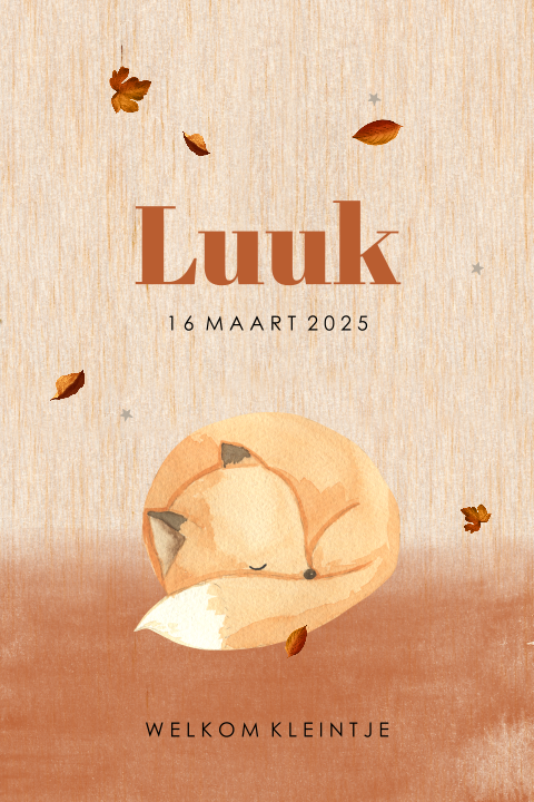 Origineel geboortekaartje van hout met vosje en blaadjes