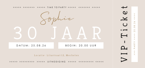 Verjaardagsuitnodiging "Partytime" in de vorm van een VIP ticket