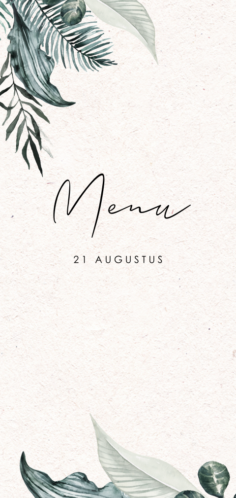 Stijlvolle menukaart met handgeschilderde jungle bladeren