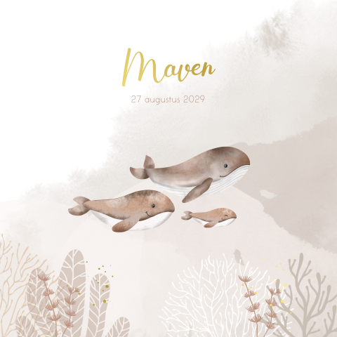 Geboortekaart met walvis familie in neutrale kleuren