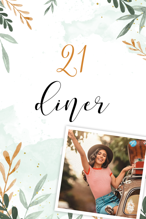 Hippe uitnodiging 21 diner met menukaart en aquarel takjes