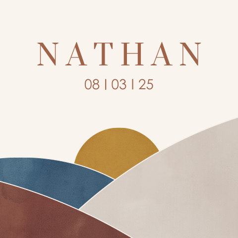 Geboortekaartje met minimalistisch landschap en ondergaande zon