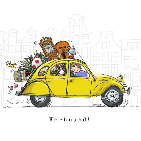 Vrolijke verhuiskaart met gele auto en huisjes