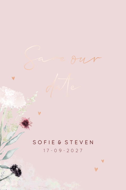 Save the date kaart met watercolour bloemen en rosegoudfolie