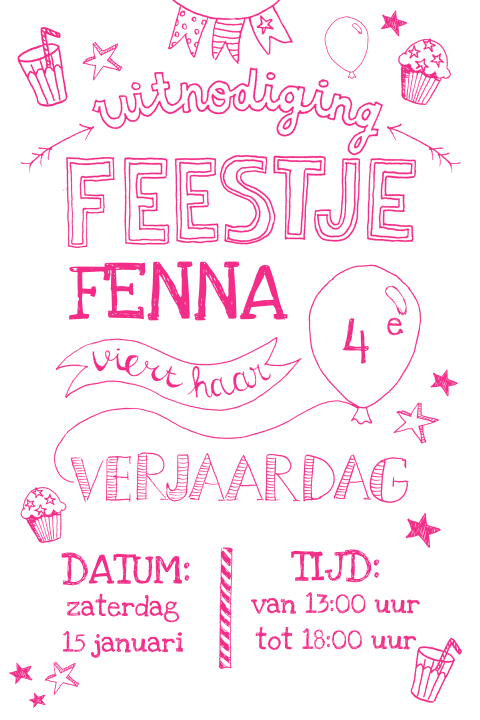 Hippe kinderfeestje uitnodiging 4 jaar voor meisje met illustraties