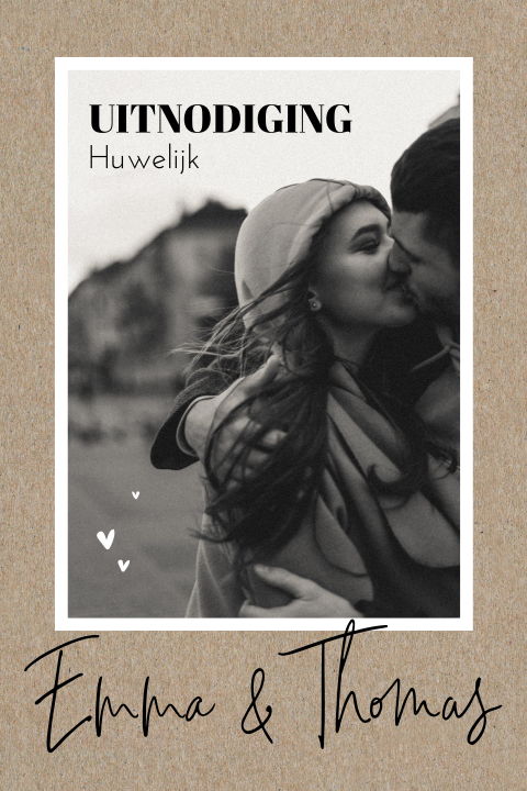 Kraft-look trouwkaart met foto in wit kader en leuke lettertypes