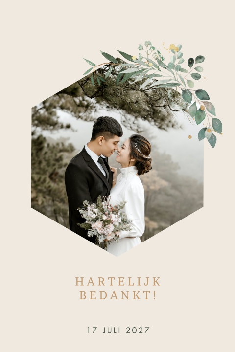 Trouw bedankkaart in pastelkleur met hexagon foto en takjes