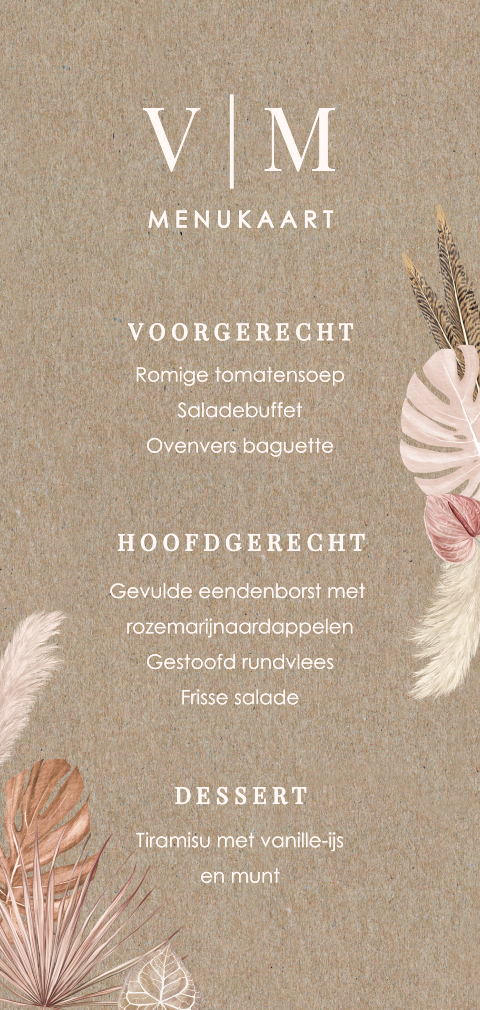 Menukaart langwerpig met droogbloemen op kraft