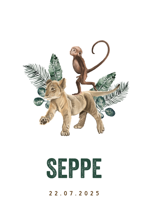 Avontuurlijk geboortekaartje met jungle dieren