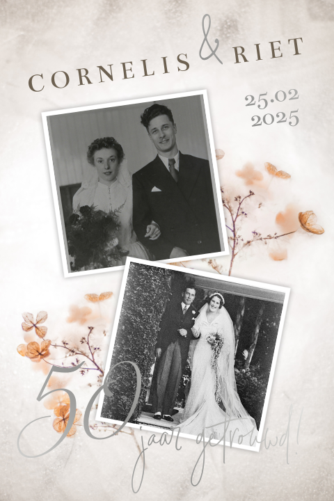 Vintage uitnodiging 50 jaar getrouwd met zilverfolie details en bloemen